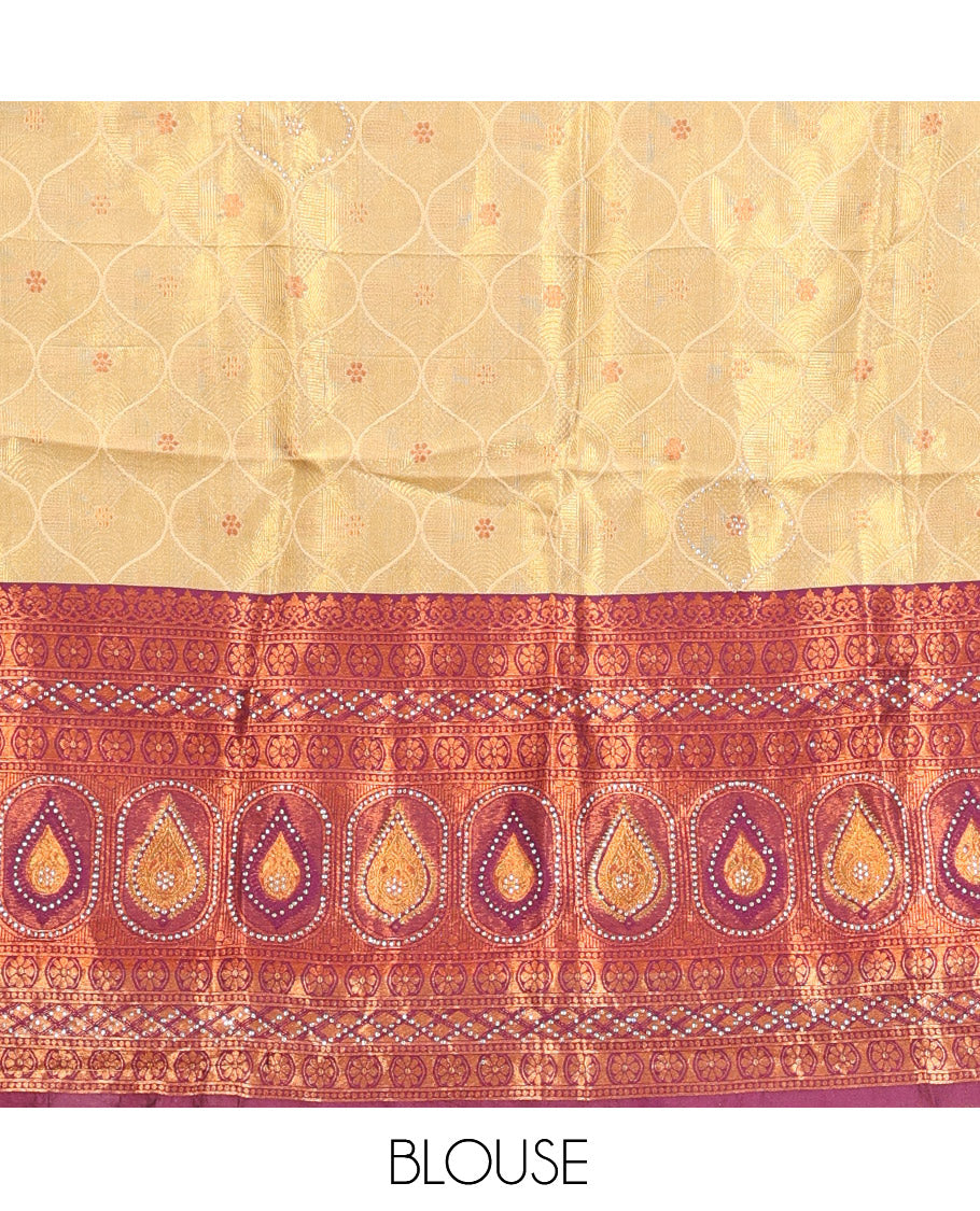 Gold-Brown Banarasi Half-Saree, Bedecked with Butta Enclosed Ogee Design, a Contrast Traditional Zari Stone Work Border, a Matching Blouse, and a Contrast Embroidered Dhavani