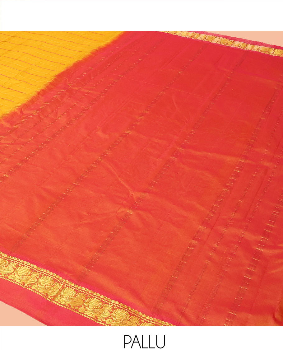 Yellow Kanchipuram Silk Saree Bedecked with Resham Threads Neli Stripes, Elevated with Contrast Kal Erangina Border Featuring Manga, Muthu, and Mayil Designs, Sparsely Woven Pallu, and Paired with a Contrast Blouse