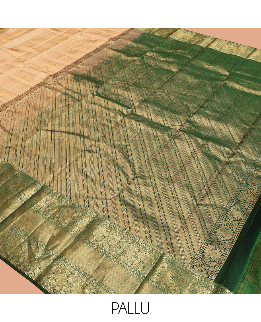 Sandal Vasundhara Lite-Silk Mix Saree, Sparsely Woven with Zari Butta Enclosed Checks, a Contrast Border of Yaali Designs, Grand Pallu, and a Contrast Blouse