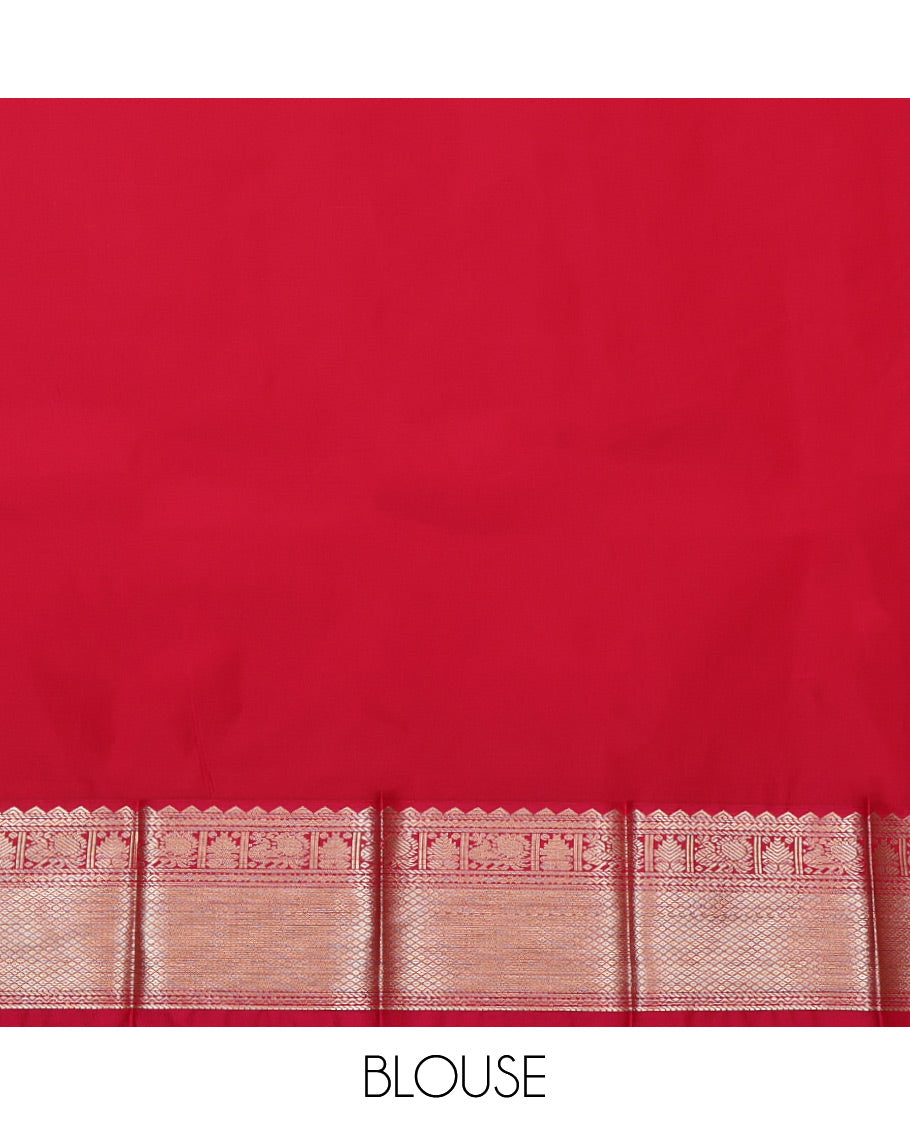 Yellow Budget Silk Saree, Bedecked with Zari Buttas and Stripes, Complemented by a Contrast Traditional Zari Border, Grand Pallu, and a Contrast Blouse