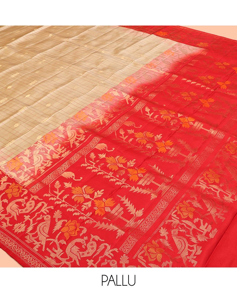 Light Sandal Mayuri Soft Silk Saree, Subtly Sparkled With Zari Buttas and Stripes All Over Its Body, Complemented by Contrast Border of Paithani-Style Flora and Fauna Design Weave, Pallu of Same Design, and Paired with a Contrast Blouse