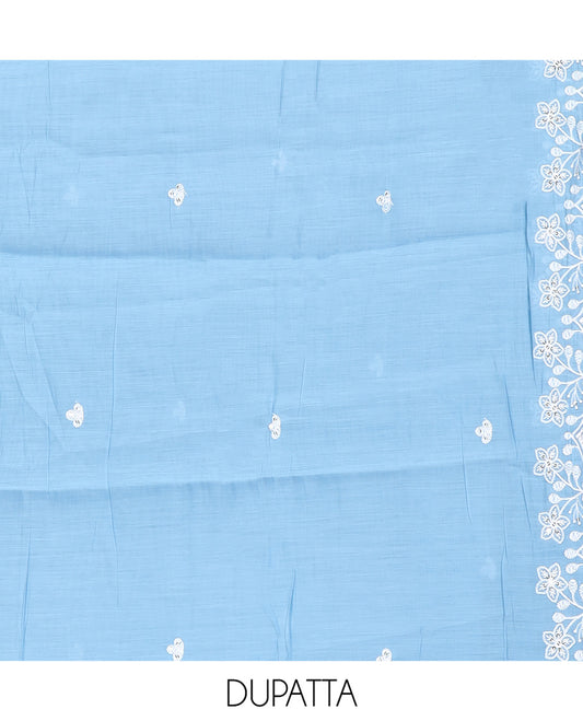 Ice Blue Mul Chanderi Material Churidar, Floral Embroidered Top, a Plain Bottom, a Floral Embroidered Scallop Dupatta