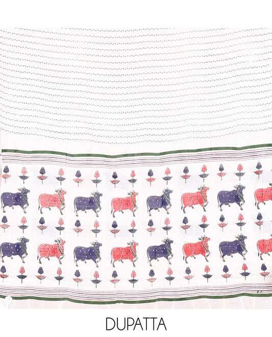 Blue Material Chudidar Set, Artfully Woven with Pichwai Cow Motifs Embroidered Cotton Top, Complemented by a Contrast Plain Cotton Bottom, Paired with Pichwai Printed Dupatta