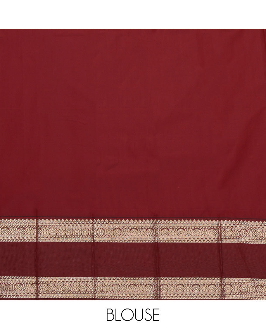 Orange Budget Silk Saree, Bedecked with Zari Stripes and Peacock Buttas on Its Body, Complemented by Contrast Traditional Zari Design Rettai Pettu Border, Opulently Embellished Pallu, and Paired with a Contrast Blouse