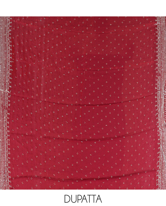 Wine Fendi Organza Material Chudidar Fetaures Pom-Pom-Neckline Top, Plain Bottom, and Scallop Embroidered Dupatta