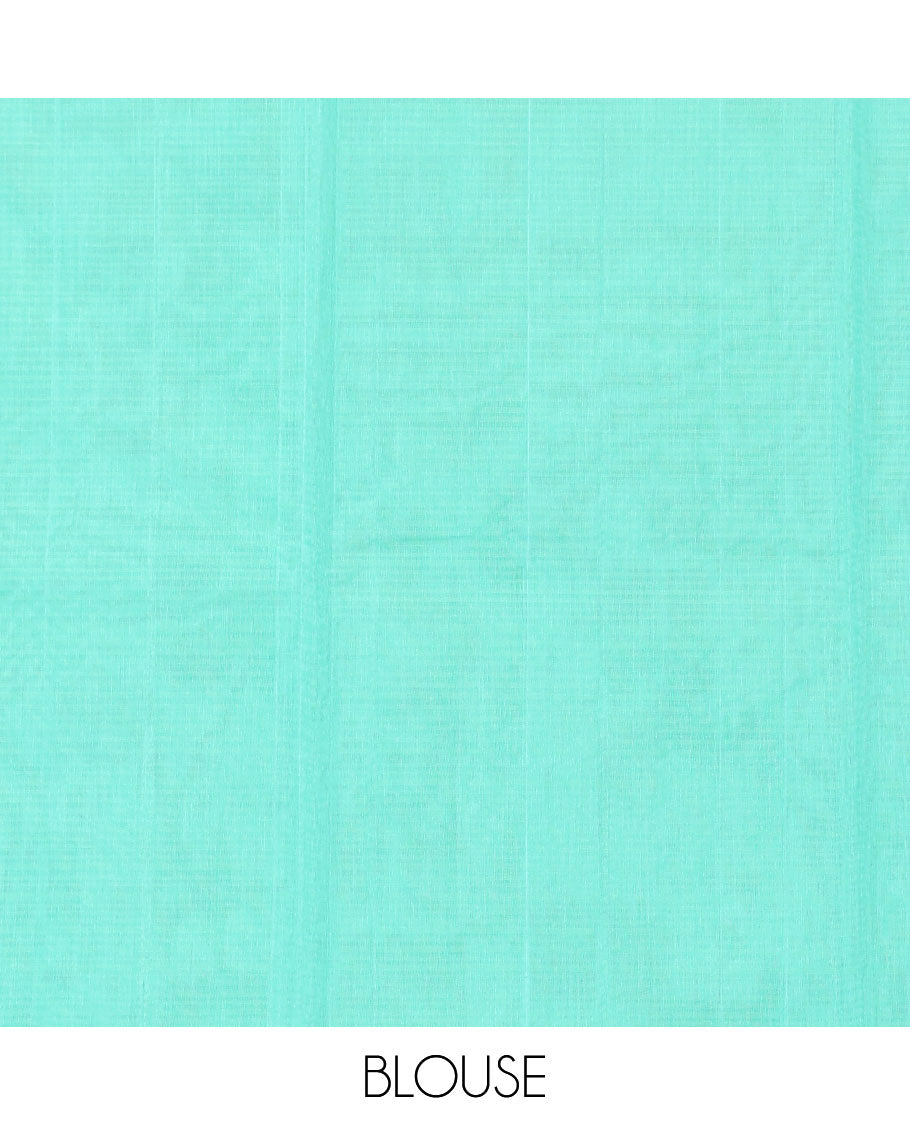 Borderless Turquoise Silk Cotton Saree, Steeped with Zari Stripes and Buttas, Diagonally Striped Pallu, and a Matching Blouse