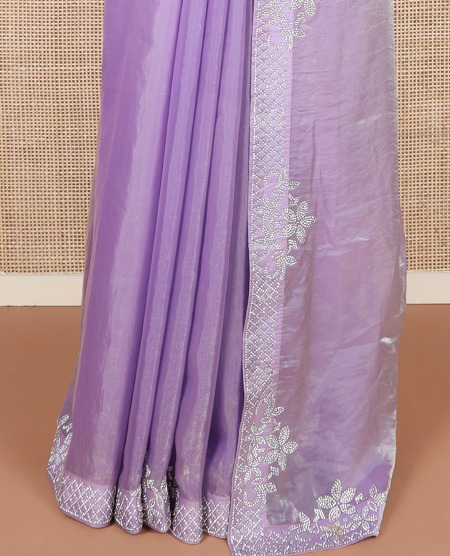Lavender color designer saree, jaal and floral motifs crystal stone work border
