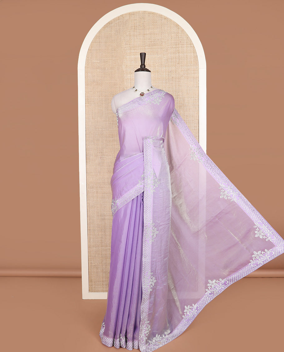 Lavender color designer saree, jaal and floral motifs crystal stone work border
