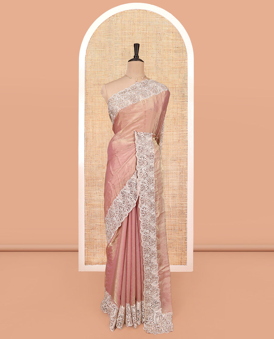 Peach Designer Saree, Crafted with Stone Work All Over Its Body, a Scallop Cut-Embroidered Border, and Matching Blouse