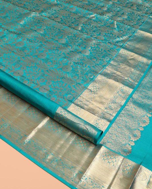 Blue Kanchipuram Wedding Silk Saree, Embellished with Jacquard Design, a Zari Border of Manga and Kodi Visiry Designs, Grand Pallu, and a Matching Blouse