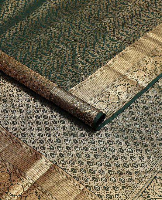 Dark green floral jaal design kancheepuram silk saree with self border of thilakam mokku, kathir, kodi visiry design & zari design pallu
