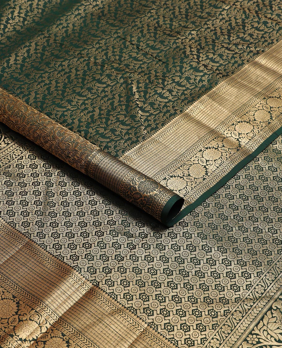 Dark green floral jaal design kancheepuram silk saree with self border of thilakam mokku, kathir, kodi visiry design & zari design pallu