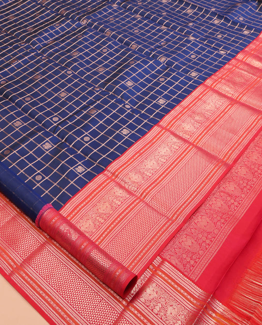 Blue zari checked with annam chakram buttas silk saree, contrast border of thilakam mokku, iruthalai pakshi, and ara maadam designs, and jaal pallu