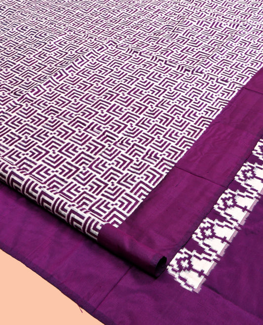Purple Pochampally Ikat Saree Features Maze-Like Patterns, a Plain Border, Ikat-Style Woven Pallu, and a Matching Blouse