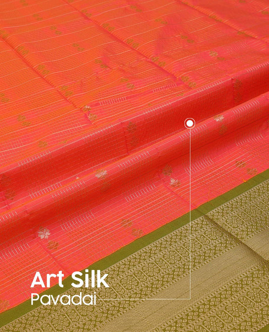 Pink Art Silk Pavadai Material Set Featuring Zari Butta Enclosed Checks Skirt, Complemented by a Contrast Traditional Zari Motifs Woven Border, and Paired with a Contrast Blouse