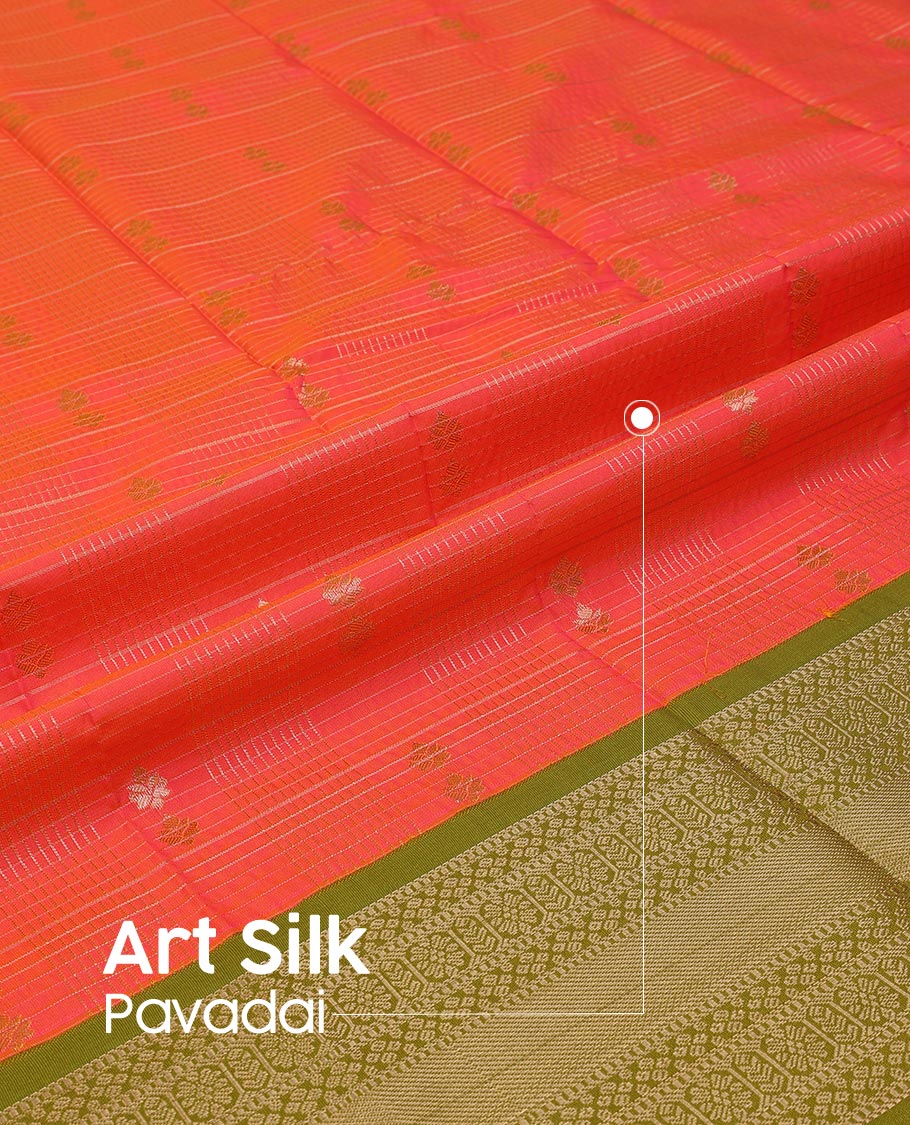 Pink Art Silk Pavadai Material Set Featuring Zari Butta Enclosed Checks Skirt, Complemented by a Contrast Traditional Zari Motifs Woven Border, and Paired with a Contrast Blouse