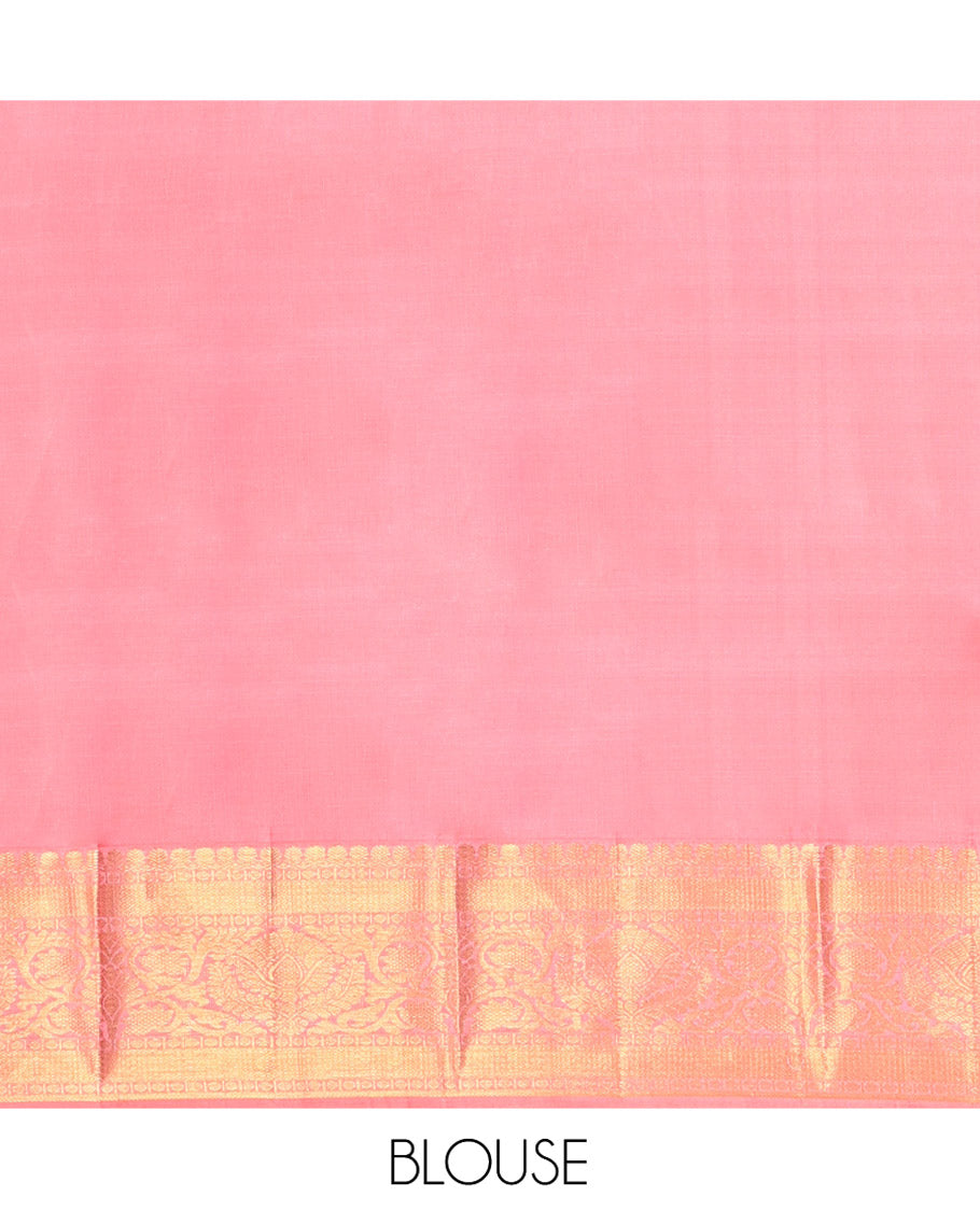 Pink Kanchipuram Silk Saree, Elevated with Zari Buttas All Over Its Body, Highlighted by a Zari Border of Traditional Designs, Pallu of Jaal Designs, and Paried with a Matching Blouse