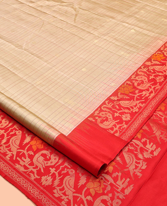 Light Sandal Mayuri Soft Silk Saree, Subtly Sparkled With Zari Buttas and Stripes All Over Its Body, Complemented by Contrast Border of Paithani-Style Flora and Fauna Design Weave, Pallu of Same Design, and Paired with a Contrast Blouse