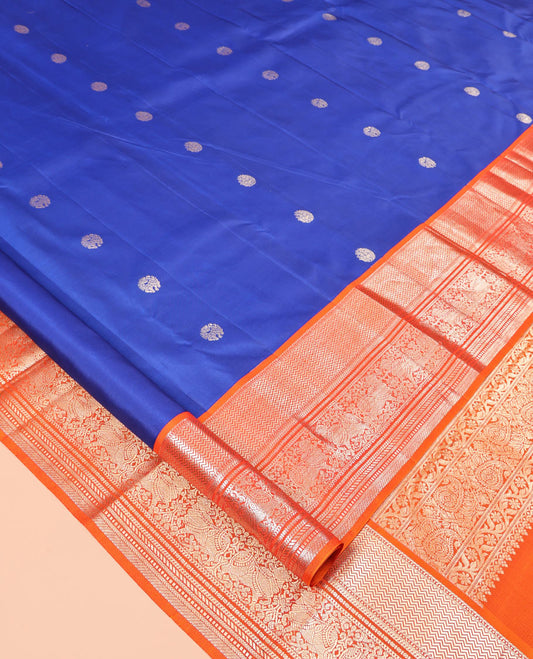 Blue Vasundhara Silk Saree Featuring Zari Buttas, Complemented by a Contrast Border of Vanki and Pichwai Cow Designs, Grand Pallu, and Contrast Blouse
