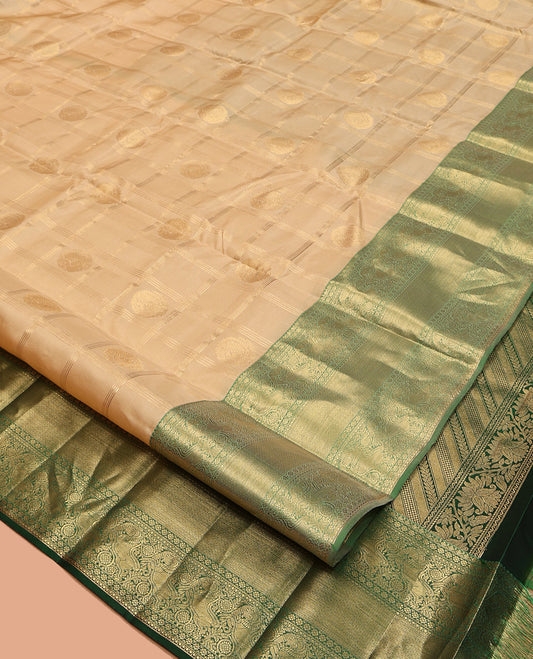 Sandal Vasundhara Lite-Silk Mix Saree, Sparsely Woven with Zari Butta Enclosed Checks, a Contrast Border of Yaali Designs, Grand Pallu, and a Contrast Blouse
