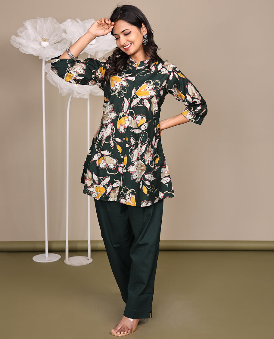 Green Floral Printed Above-The-Knee Short Rayon Kurti Comes with a Chinese Collar, 3/4 Sleeves, and A-Line Length