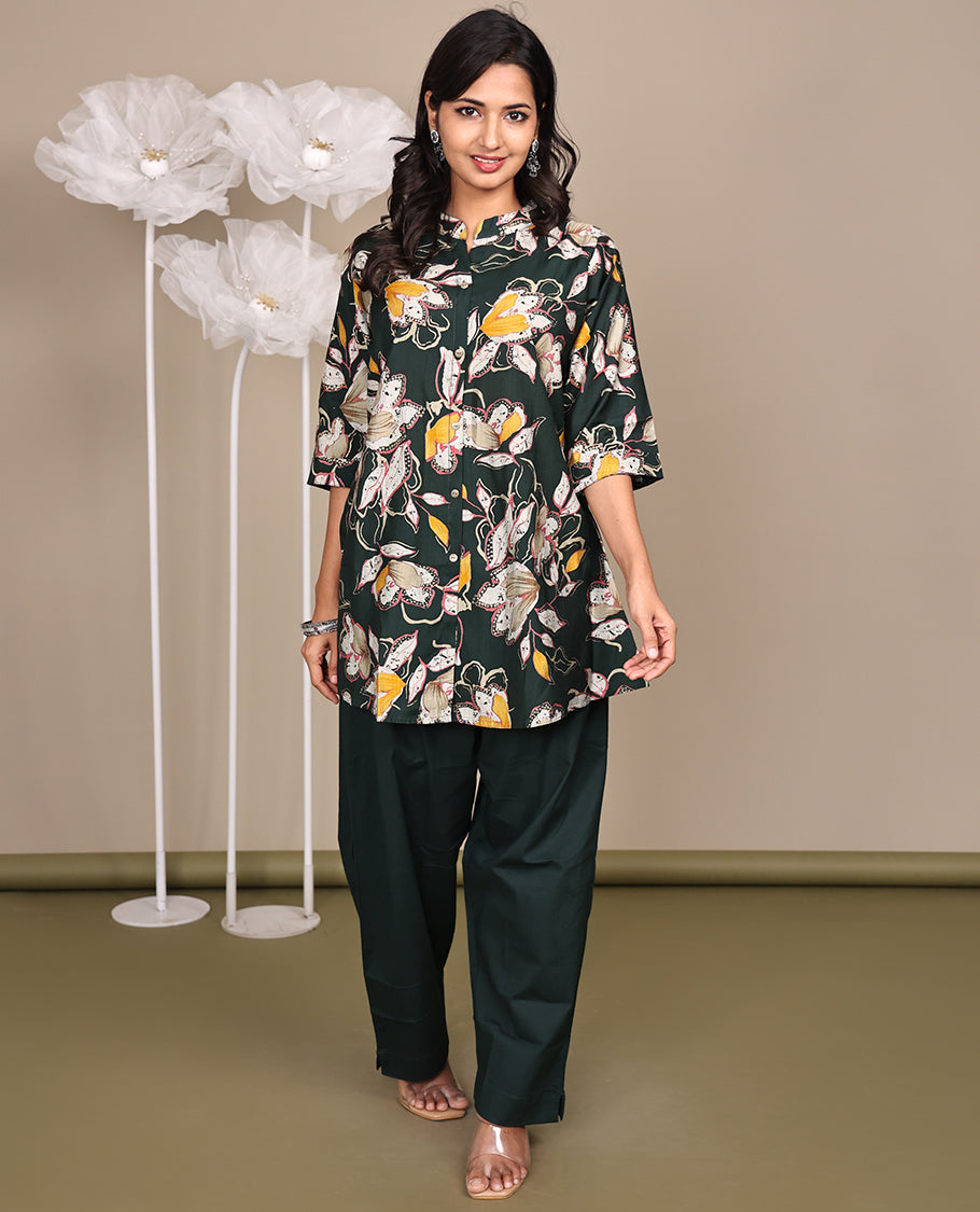 Green Floral Printed Above-The-Knee Short Rayon Kurti Comes with a Chinese Collar, 3/4 Sleeves, and A-Line Length