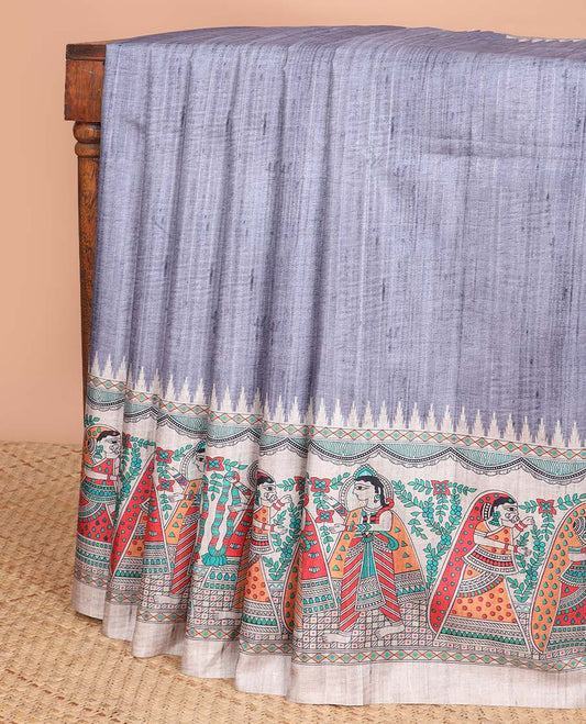 Grey Semi-Banaras Tussar Saree With Contrast Madhubani Design Border & Floral , madhubani style Pallu