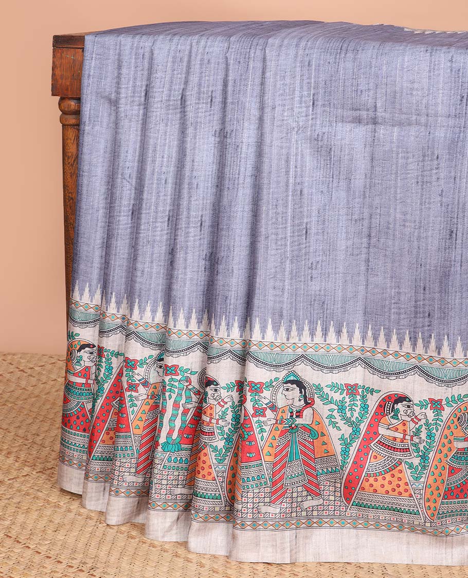 Grey Semi-Banaras Tussar Saree With Contrast Madhubani Design Border & Floral , madhubani style Pallu
