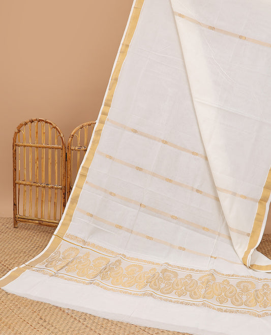 Cream kerala saree with zari stripes, zari border & pallu of floral & paisley zari designs