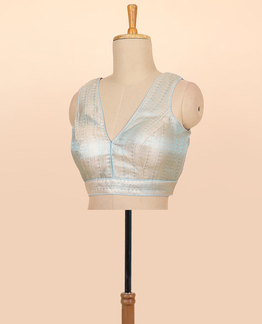 Baby blue floral zari design front & back deep v-neck raw-silk readymade sleeveless blouse