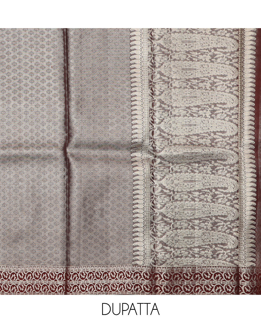 Blue puresilk halfsaree, floral jaal jacquard skirt, contrast blouse, and border of salngai,neli,poun,jaal,manga and jaal, and dhavani of embossed with zari weave