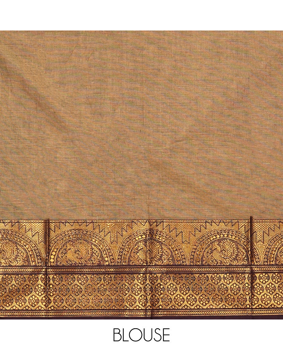 Pale Brown Plain Chettinad Cotton Saree, Complemented by a Contrast Traditional Zari Border, Pallu of Stripes, and Paired with a Matching Blouse