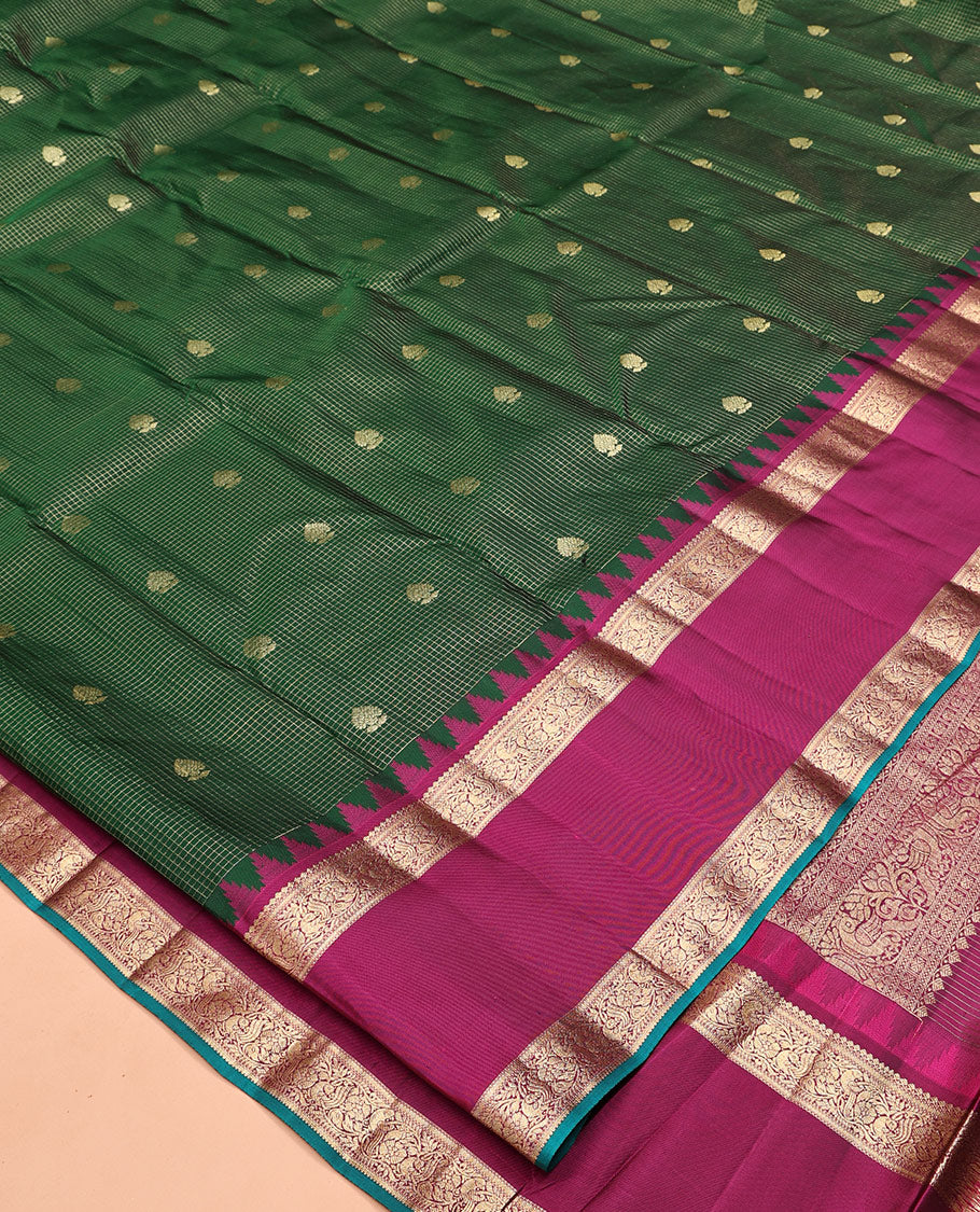 Dark Green-Magenta Vasundhara Silk Saree Features Zari Buttas and Checks,Contrast Thazampoo Rekku Rettai Pettu Mayil Border, Grand Pallu, and Contrast Blouse