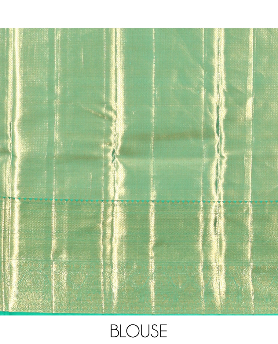 Gold Floral Jacquard Kanchipuram Tissue Silk Saree, Complemented by a Contrast Border of Thilakam Mokku, Muthu, Mayil Kann, Jaal, Cross Kamalam, and Manga, Grand Pallu, and a Matching Blouse