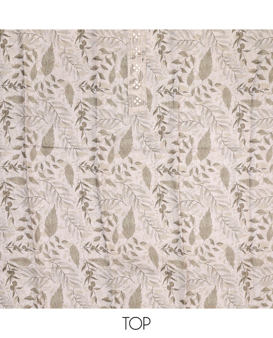 Pale Green Material Chudidar Set, Beautified with Abstract-Style Leaf Printed and Embroidery on Cotton Top, a Contrast Plain Cotton Bottom, and Paired with Sequins Striped Cotton Dupatta