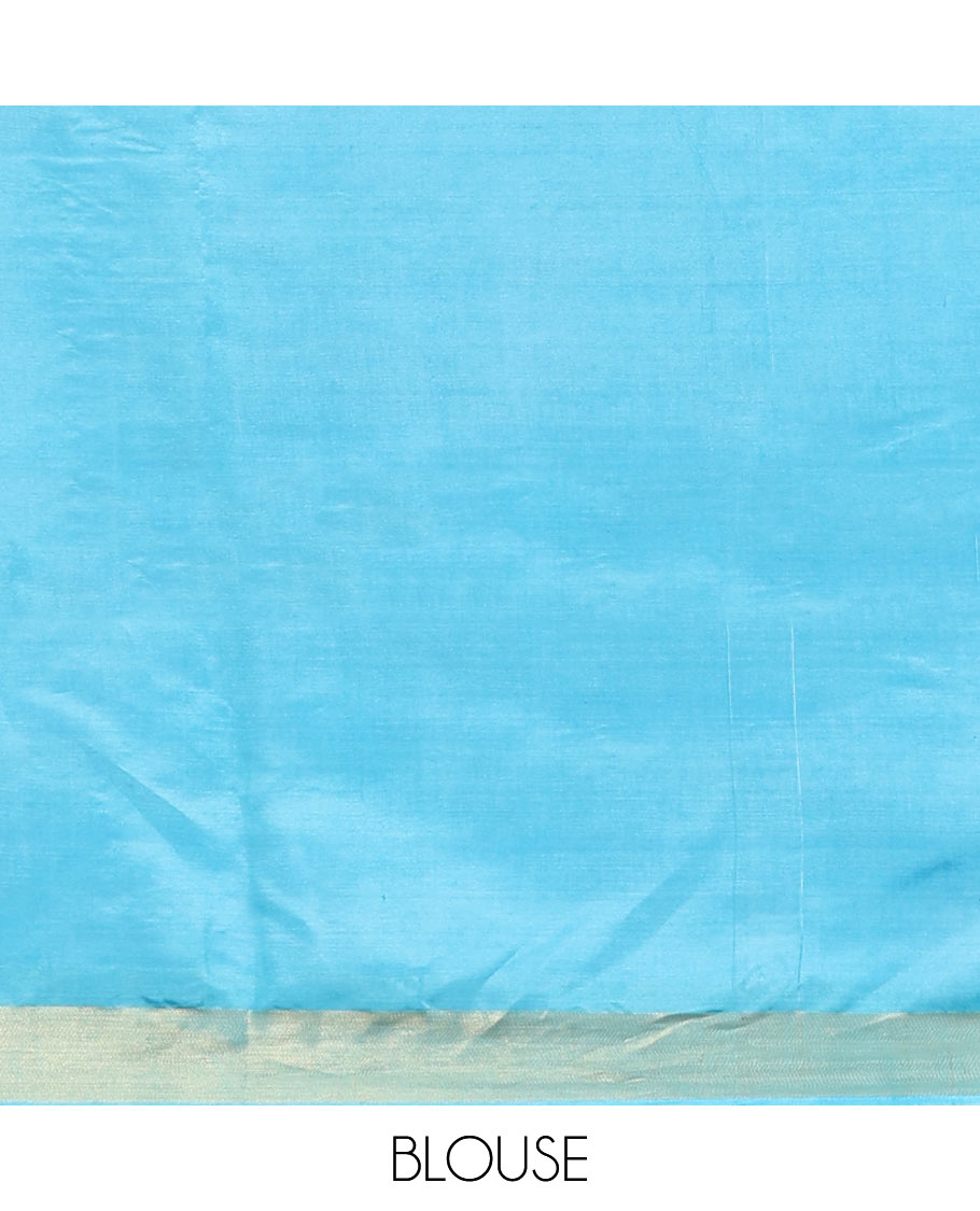 Blue Banana Pith Saree, Sparsely Woven with Buttas All Over Its Body, Subtle Self-Border, Pallu Steeped with Stripes, and Paired with a Matching Blouse