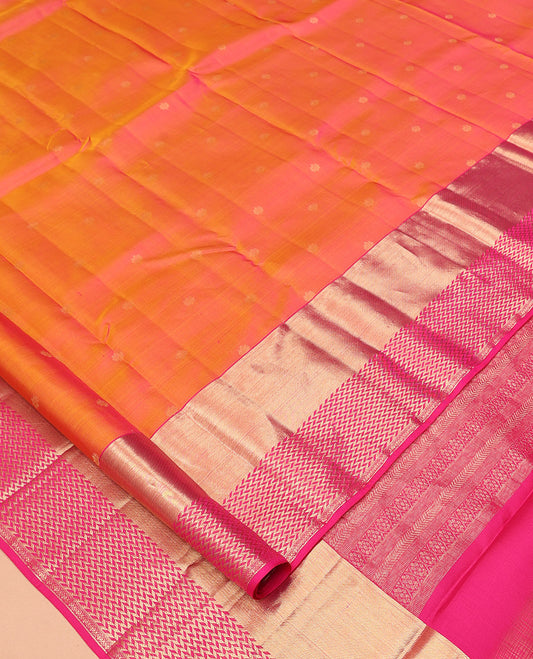 Orange Vasundhara Silk Saree, Woven with Zari Buttas, a Contrast Geometric Patterned Border, Grand Jaal Pallu, and a Contrast Blouse