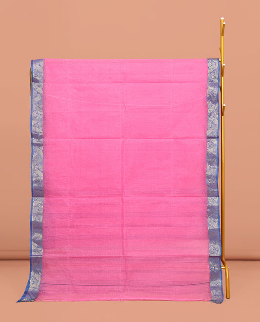 Pink Plain Bengal Cotton Saree, Complemented by a Contrast Jamdani-Style Paisley Zari Border, Pallu of Stripes, and Paired with a Matching Blouse