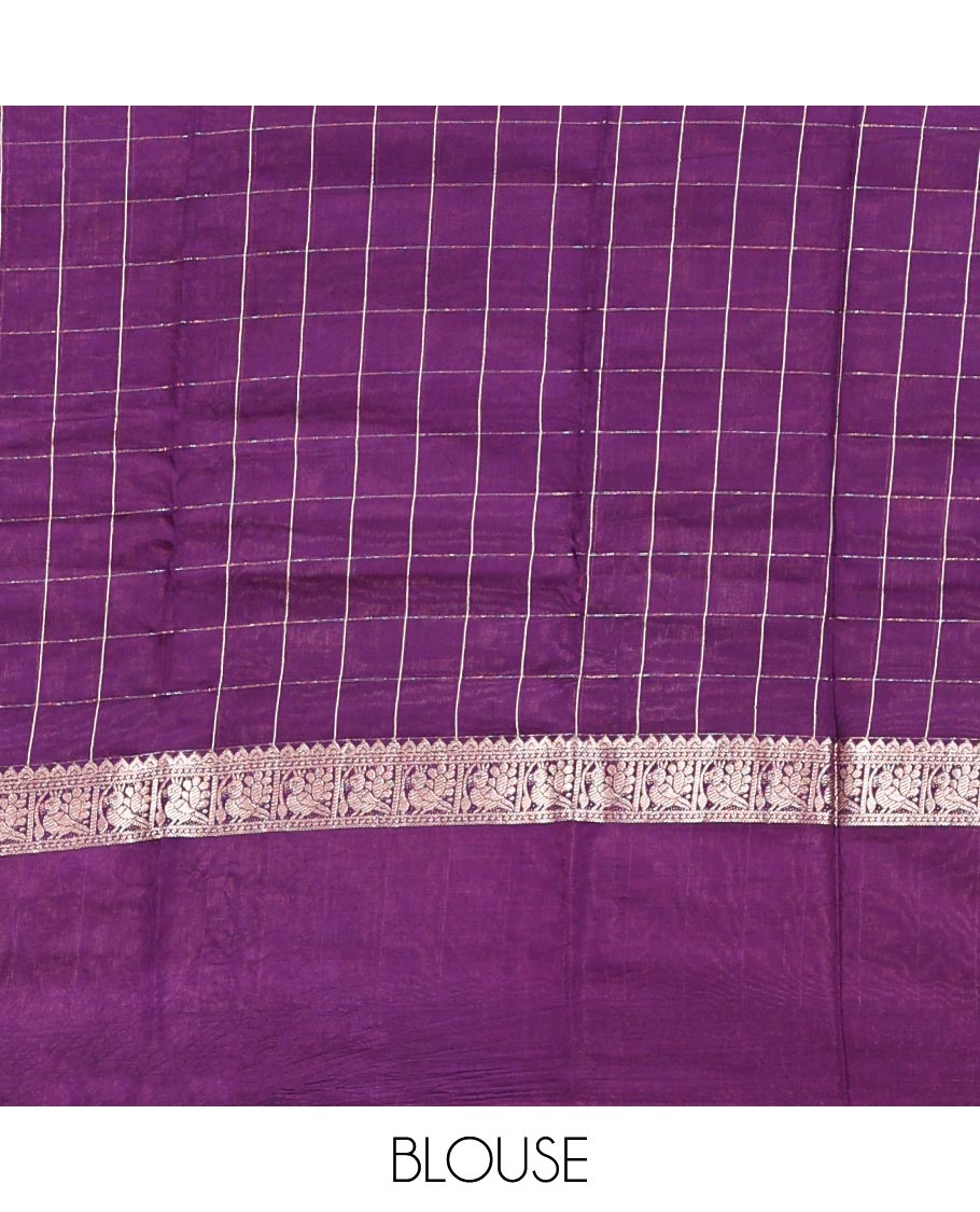 Green Assam Silk Saree, Subtly Sparkled with Checks, Complemented by a Contrast Bird Motifs Zari Border, Zari-Striped Pallu, and a Contrast Blouse