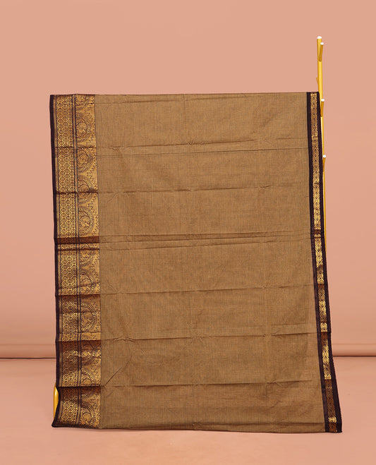 Pale Brown Plain Chettinad Cotton Saree, Complemented by a Contrast Traditional Zari Border, Pallu of Stripes, and Paired with a Matching Blouse