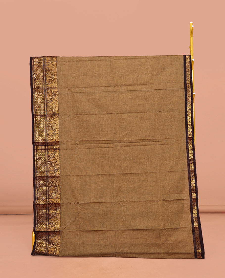 Pale Brown Plain Chettinad Cotton Saree, Complemented by a Contrast Traditional Zari Border, Pallu of Stripes, and Paired with a Matching Blouse
