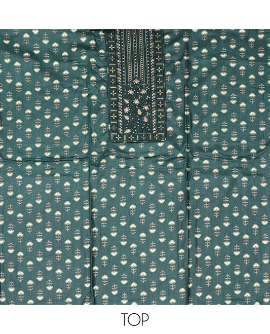 Green Cotton Material Chudidar Set, Adorned with Floral Motifs Block Print, and Neck Embroidery on Its Cotton Top, a Floral Printed Bottom, and Paired with Chevron Printed Cotton Dupatta