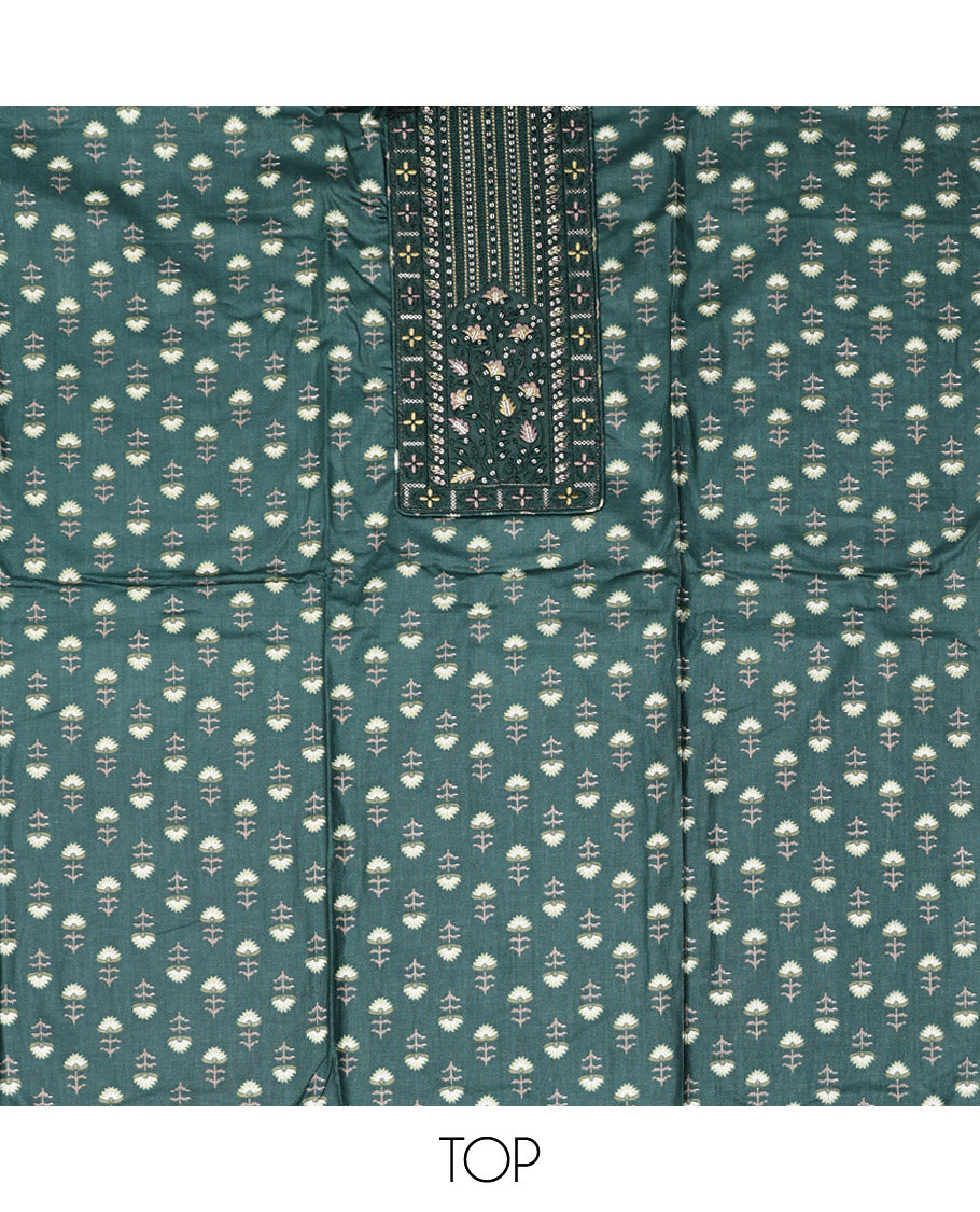 Green Cotton Material Chudidar Set, Adorned with Floral Motifs Block Print, and Neck Embroidery on Its Cotton Top, a Floral Printed Bottom, and Paired with Chevron Printed Cotton Dupatta