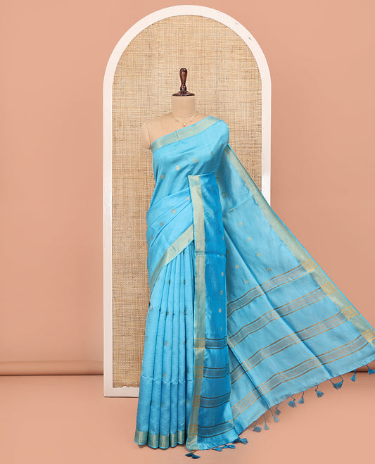 Blue Banana Pith Saree, Sparsely Woven with Buttas All Over Its Body, Subtle Self-Border, Pallu Steeped with Stripes, and Paired with a Matching Blouse