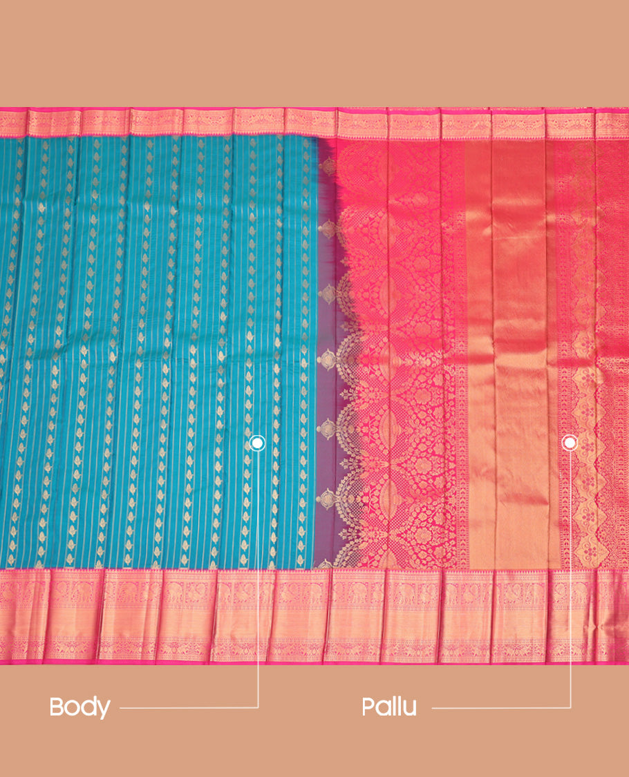 Blue Budget Silk Saree, Uniquely Woven with Zari Buttas and Stripes All Over Its Body, Complemented by Contrast Traditional Zari Designs Woven Border, Intricately Zari Decked Up Pallu and Paired with a Contrast Blouse