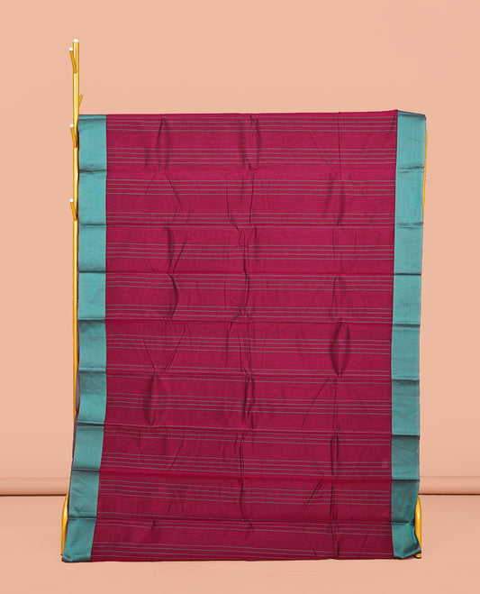Wine Striped Semi-Silk Cotton Saree, Complemented by a Contrast Border, Pallu Steeped with Stripes, and Paired with a Matching Blouse