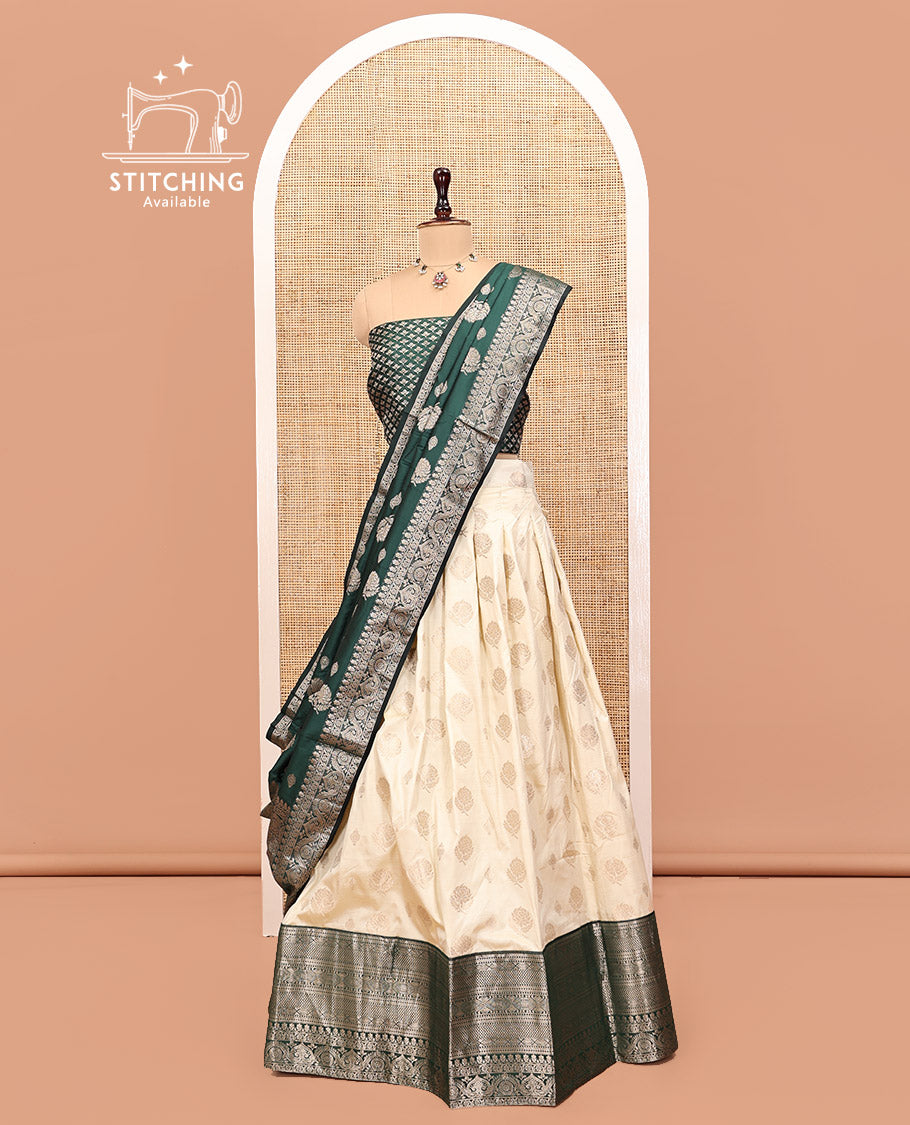 Cream-Green Art Silk Half Saree, Embellished with Zari Buttas Skirt, Contrast Traditional Border, Jacquard Blouse, and a Contrast Banaras Dhavani