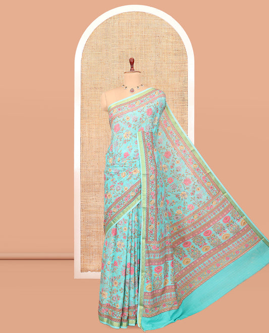 Blue Floral-Vine Printed Silk Saree, a Traditional Zari Border, Floral Pallu, a Matching Blouse