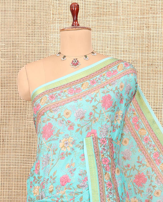 Blue Floral-Vine Printed Silk Saree, a Traditional Zari Border, Floral Pallu, a Matching Blouse