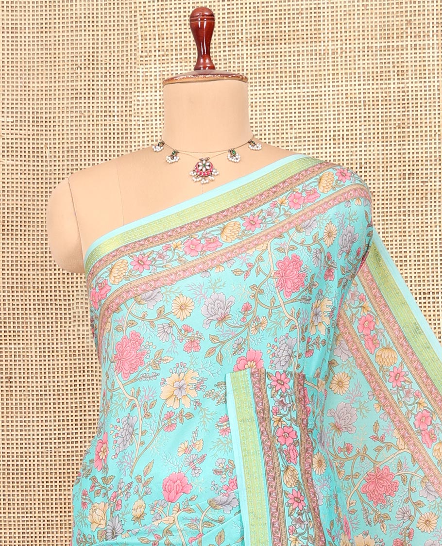 Blue Floral-Vine Printed Silk Saree, a Traditional Zari Border, Floral Pallu, a Matching Blouse